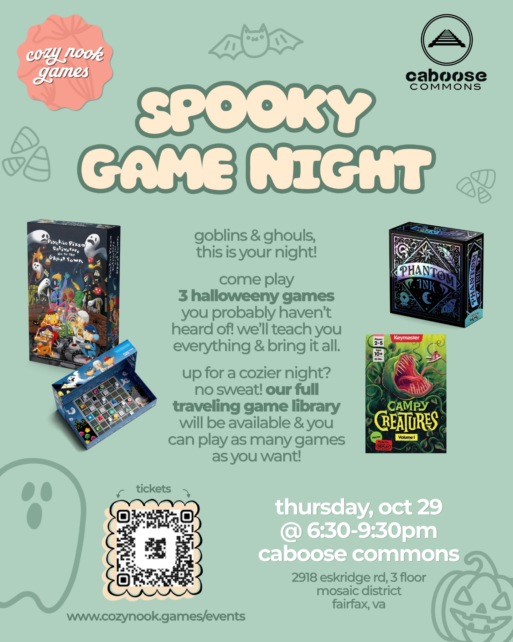 Spooky Game Night at Caboose Commons with Cozy Nook Games