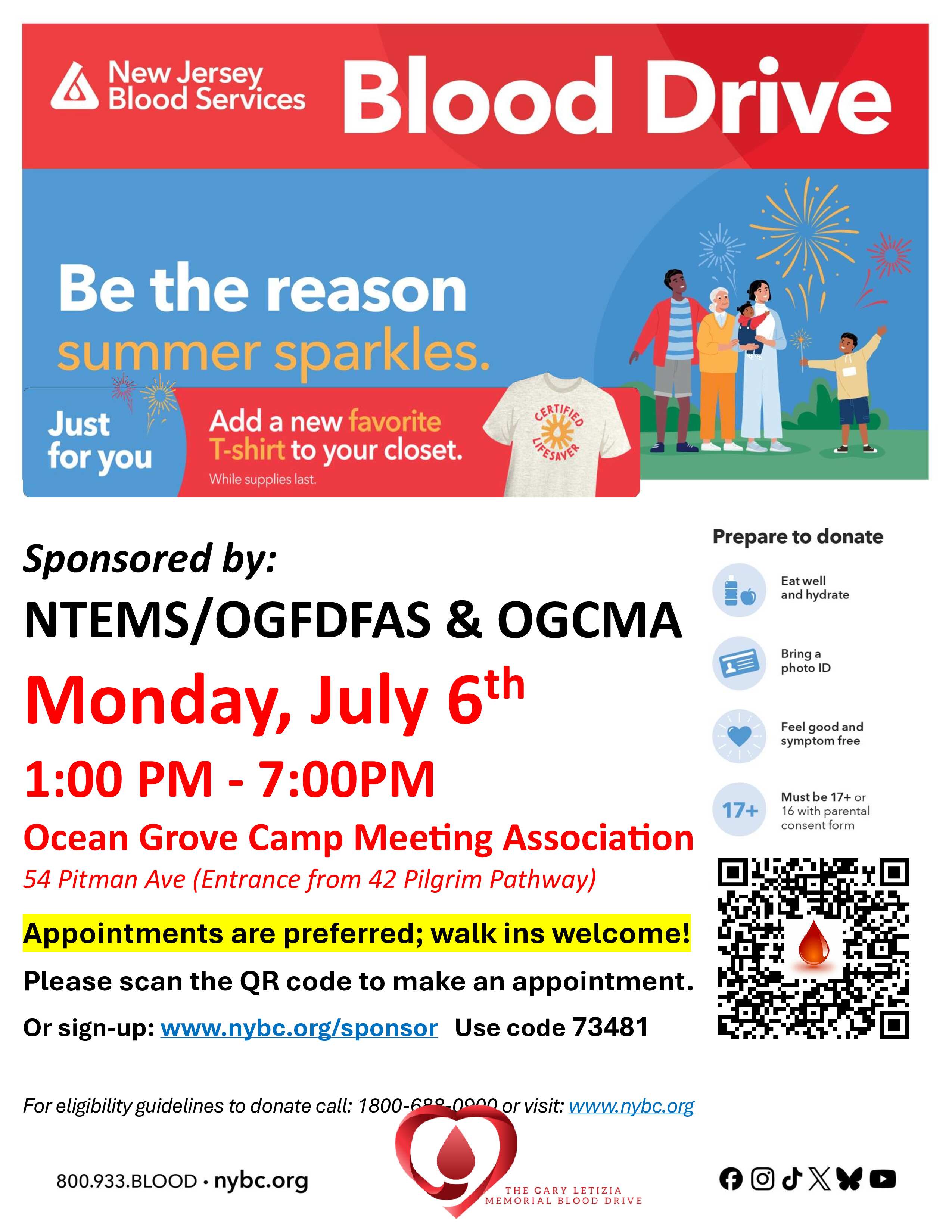 Ocean Grove Community Blood Drive – T-shirt for Donors!