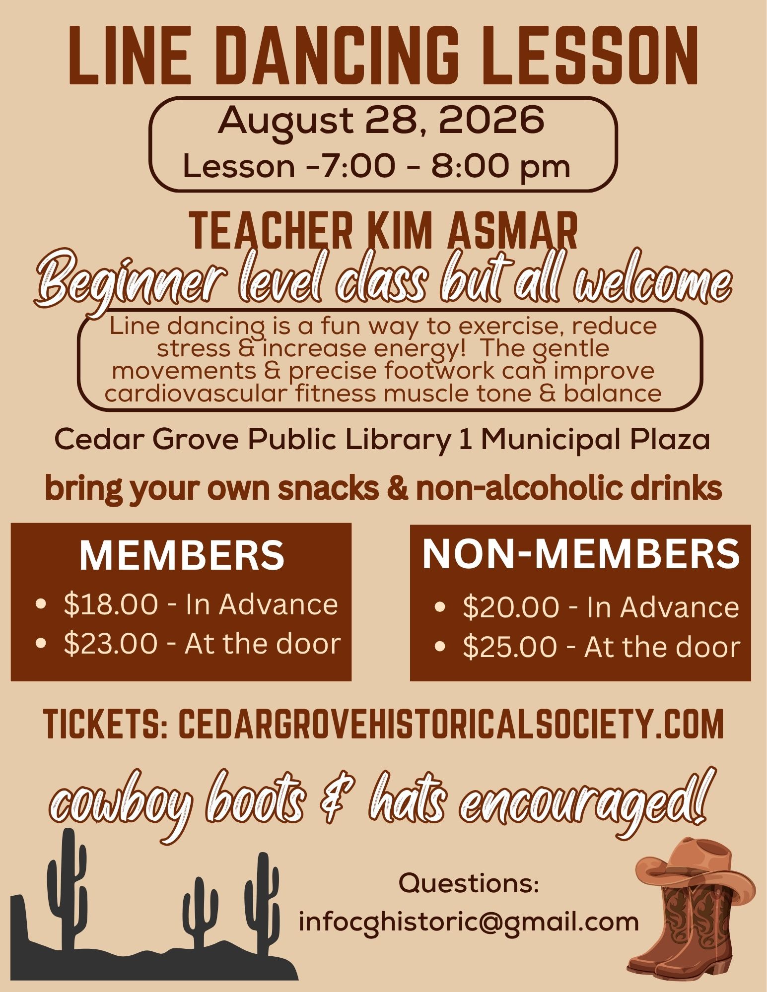 Line Dancing Lesson, hosted by the Cedar Grove Historical Society