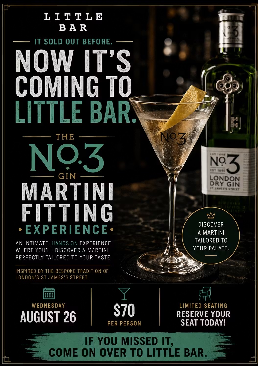 Little Bar Hosts No 3 Gin Martini on Wed 8/26
