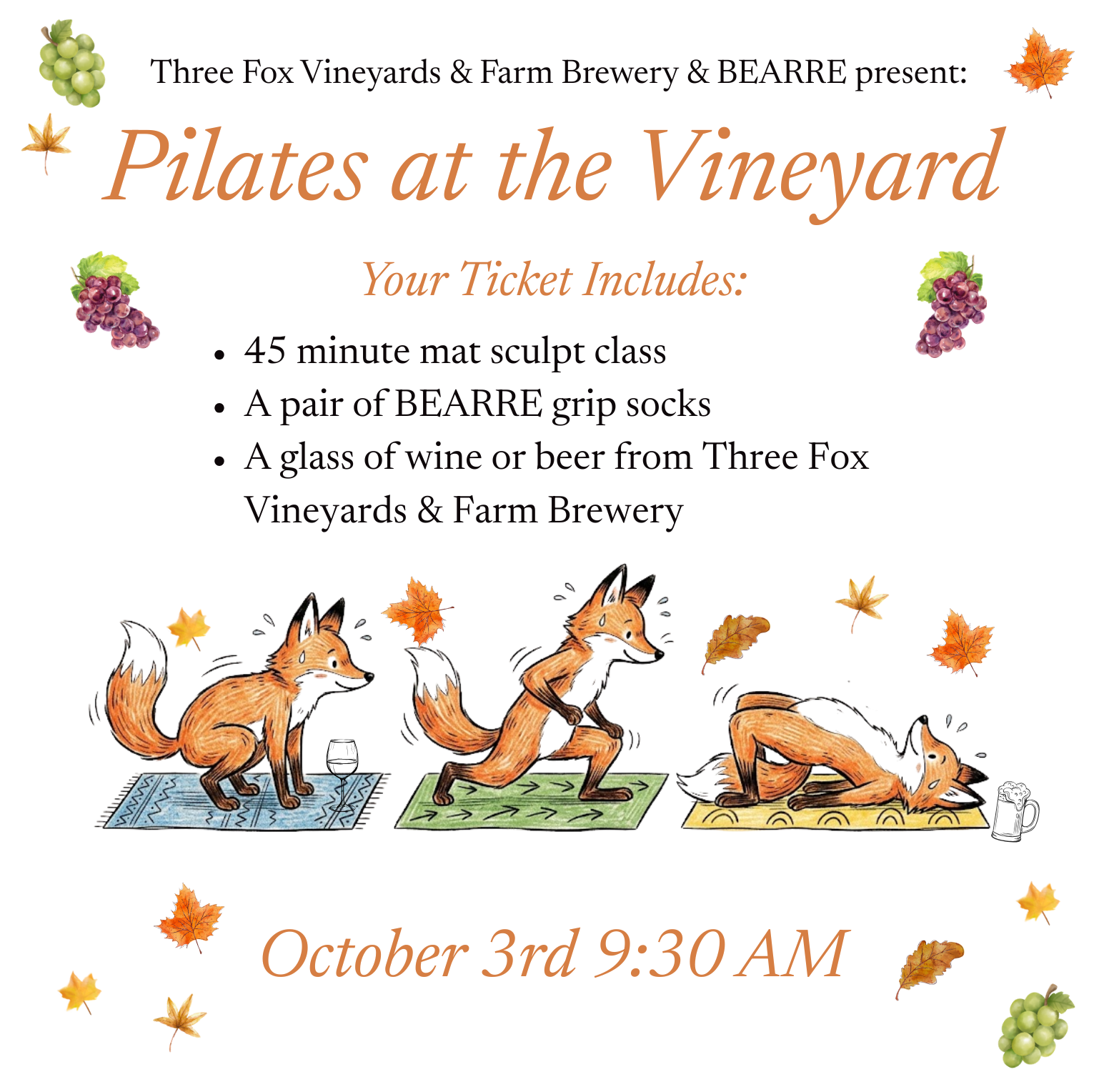 Pilates at the Vineyard at Three Fox Winery & Farm Brewery