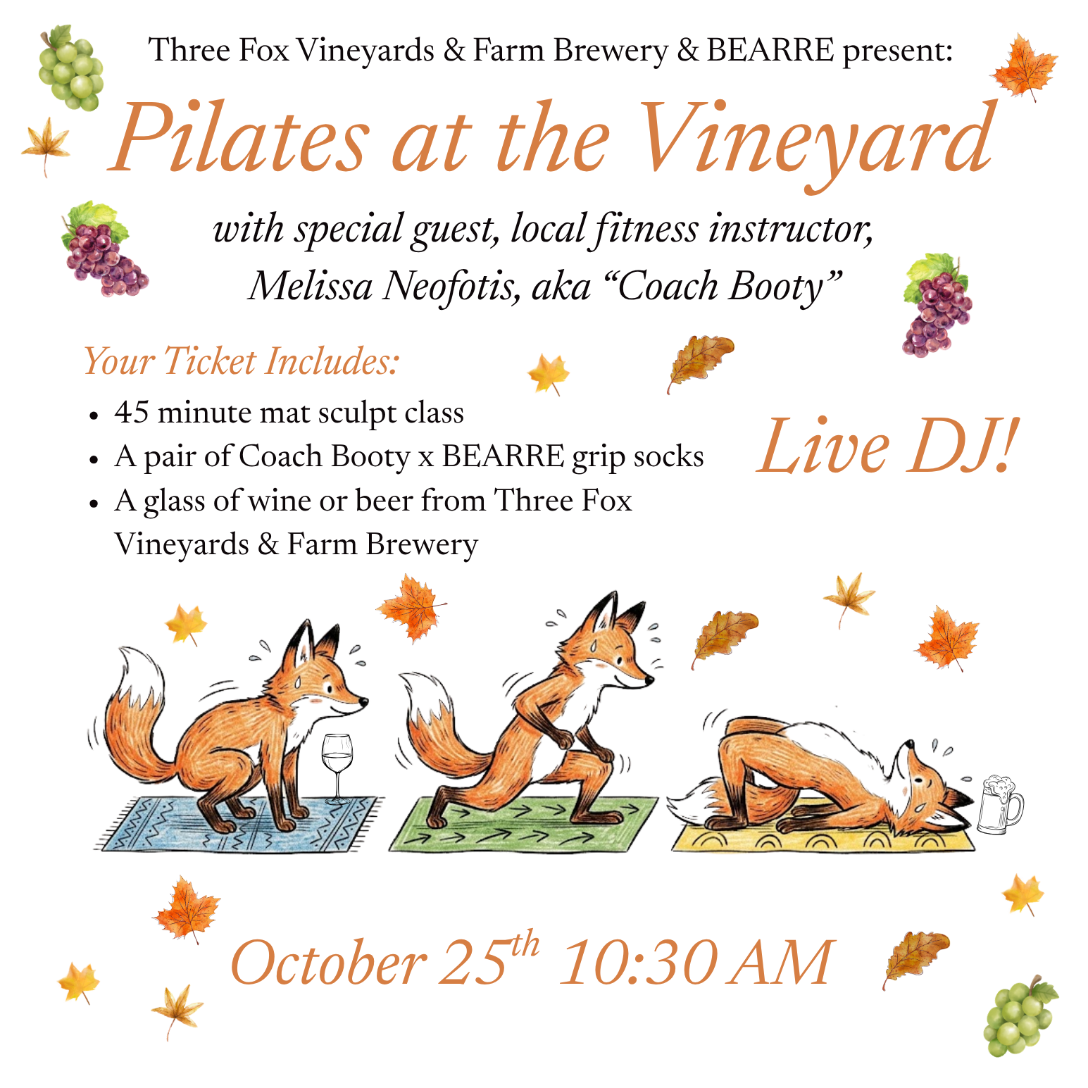Pilates at the Vineyard at Three Fox Vineyard & Farm Brewery