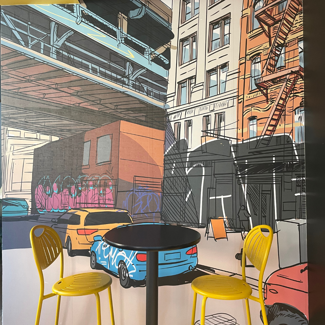 a comic-inspired mural at meanwhile coffee