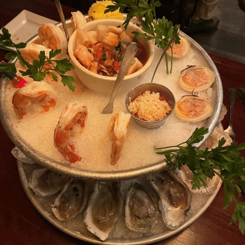 Seafood tower with shrimp and oysters